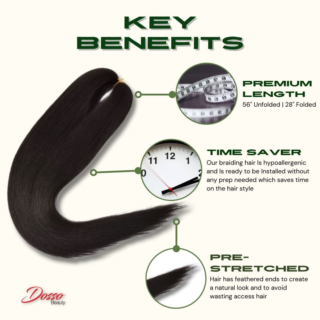 A "key benefits" graphic showing a length of black hair surrounded by icons indicating hair length and other benefits.