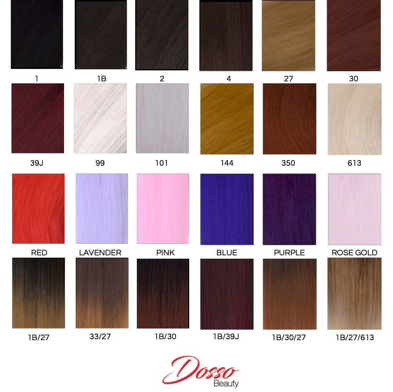 A graphic chart showing all of Dosso Beauty's hair extension colors with their color codes.