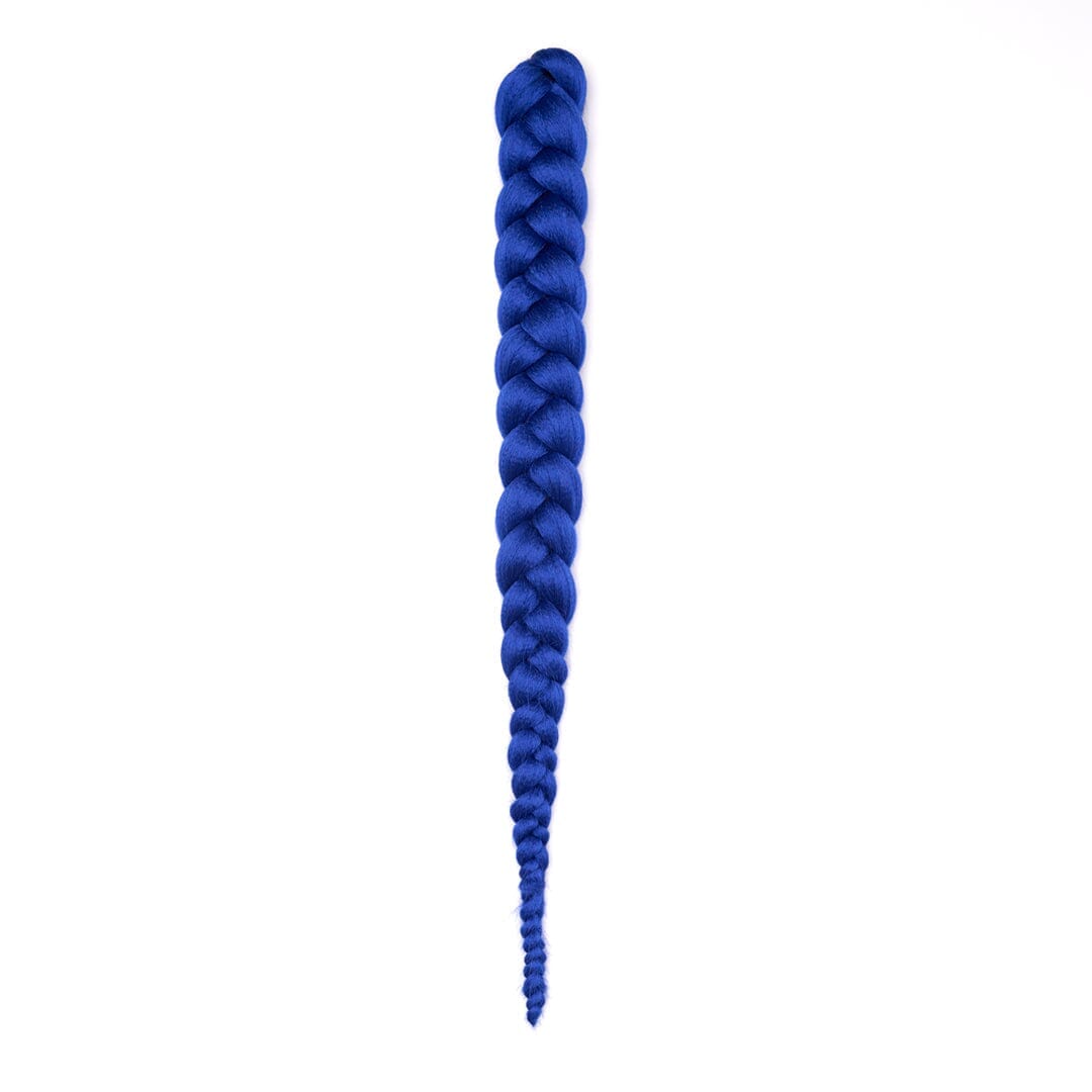 A length of braided hair in a blue color on a white field.