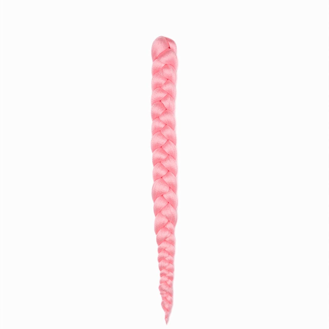 A length of braided hair in a pink color on a white field.