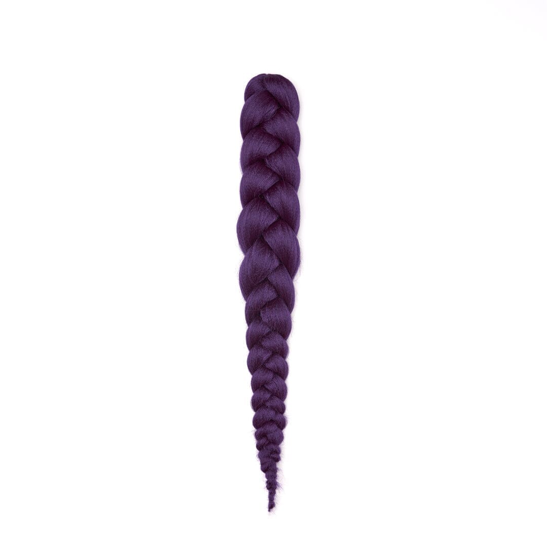 A length of braided hair in a purple color on a white field.