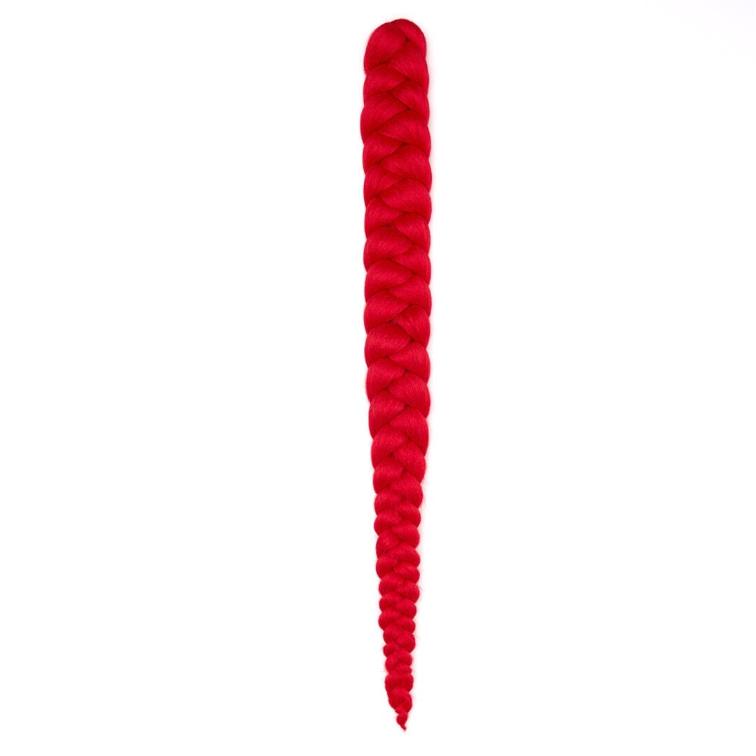 A length of braided hair in a red color on a white field.
