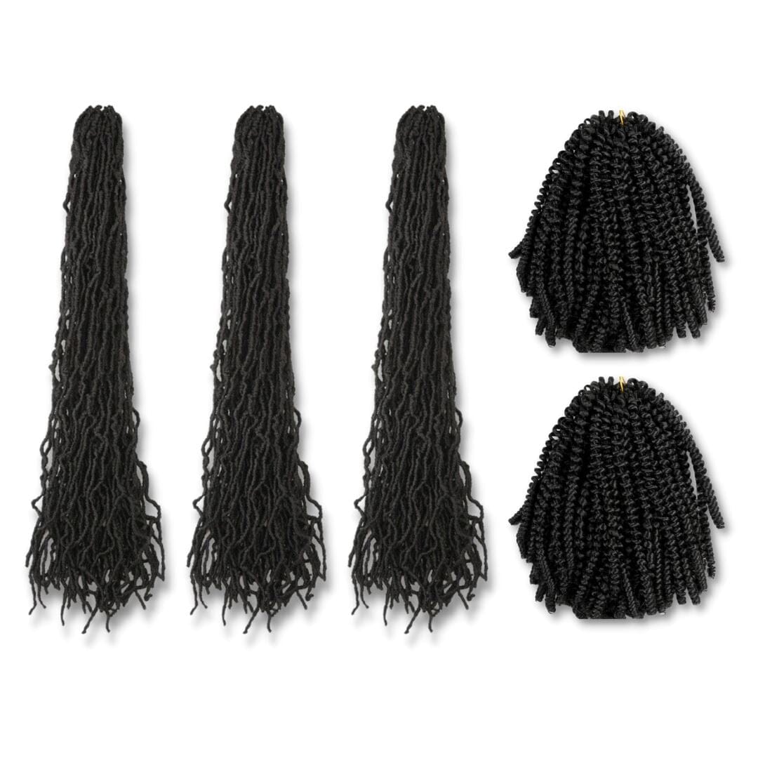 Three bundles of long black loc extensions lay next to two shorter bundles of black spring twist extensions on a white field.