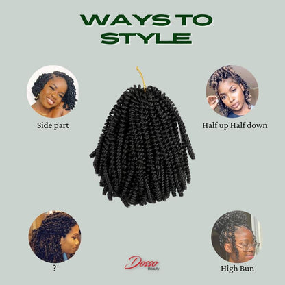 "Ways to style" graphic featuring four different hairstyles that can be created using the soft locs crochet hair extensions.