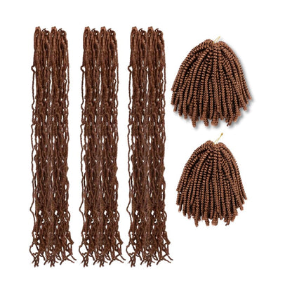 Three bundles of long brown loc extensions lay next to two shorter bundles of brown spring twist extensions on a white field.